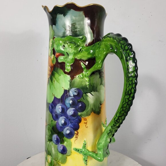 VINTAGE HUGE 15" JPL LIMOGES HAND PAINTED GRAPES DRAGON HANDLE TANKARD PITCHER - Picture 12 of 16